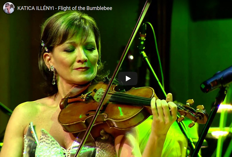 Violist holds a violin with text that reads 'Katica Illenyi - Flight of the Bumblebee'