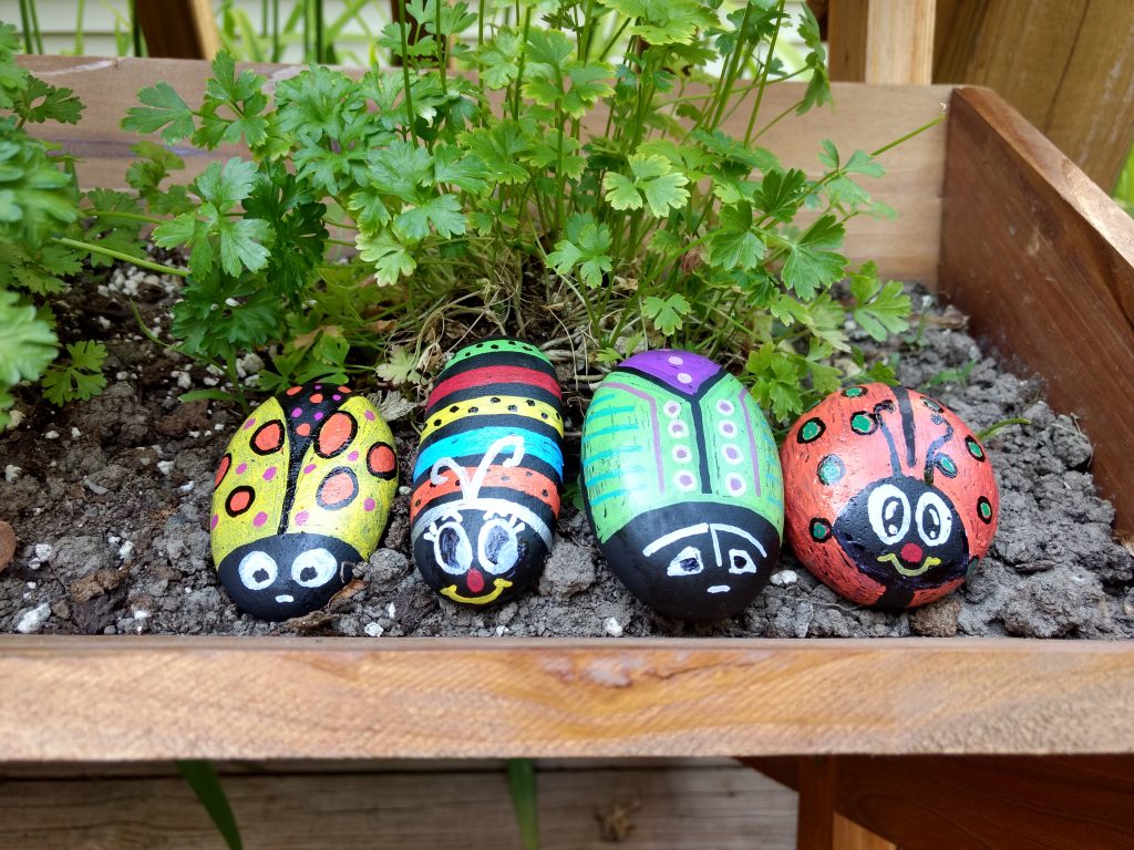 Rocks painted to resemble bugs are placed in a garden.