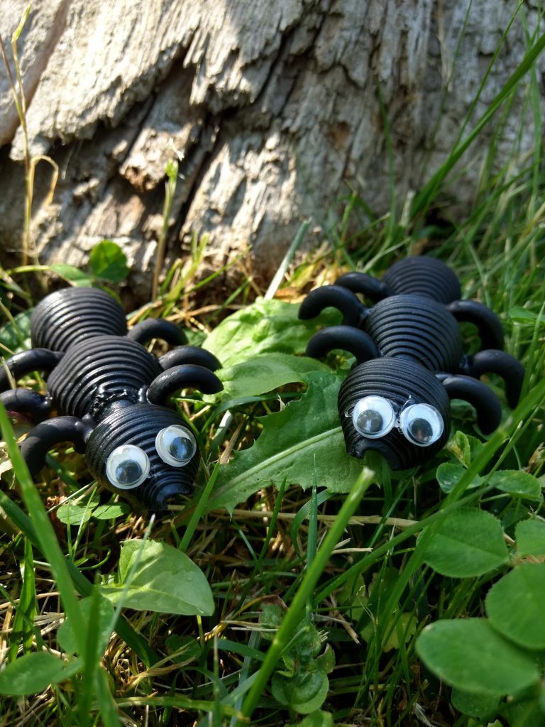 Two ants made of uncooked pasta shells and painted black sit on top of grass