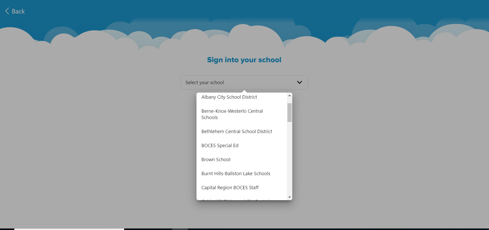 Screenshot of the drop-down menu of school names on the Sora website