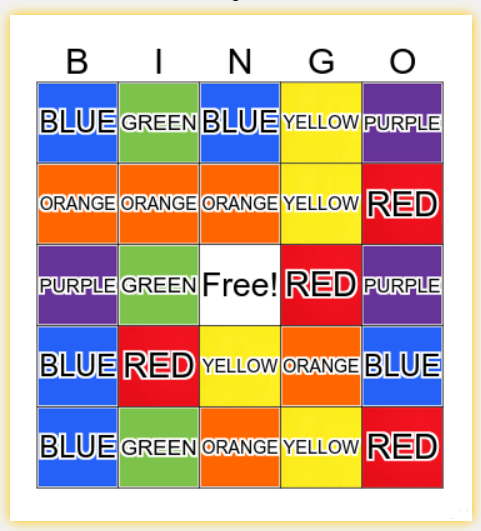A bingo card, its squares all filled with different colors
