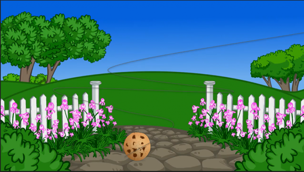 An illustration of a chocolate chip cookie at a garden gate. Beyond the gate are green fields and a blue sky