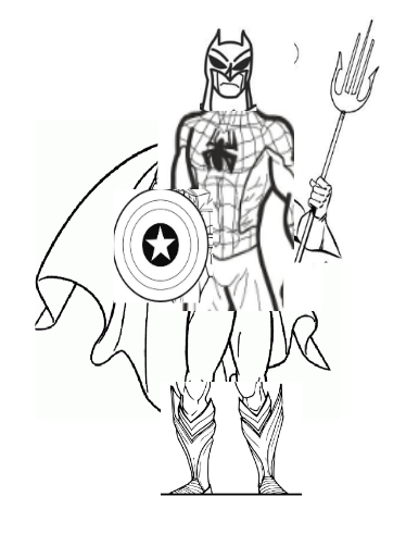 A black and white sketch of superhero made of elements of different superheros, including Batman's head, Spiderman'storso, Superman's cape, and Aquaman's legs.