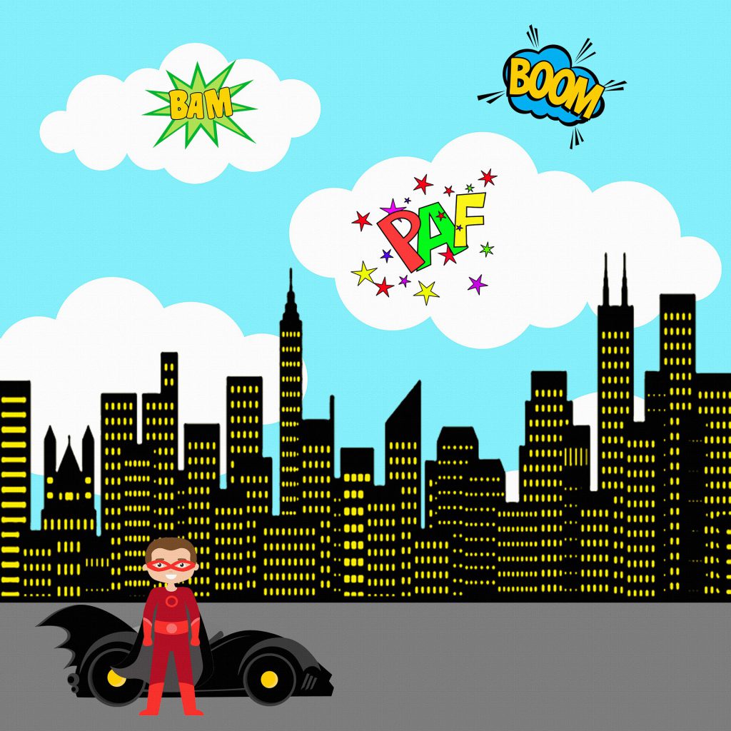 Cartoon superhero with a car and the city behind him 
