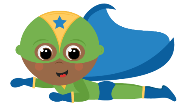 An illustration of a kid superhero with a green mask and blue cape, flying