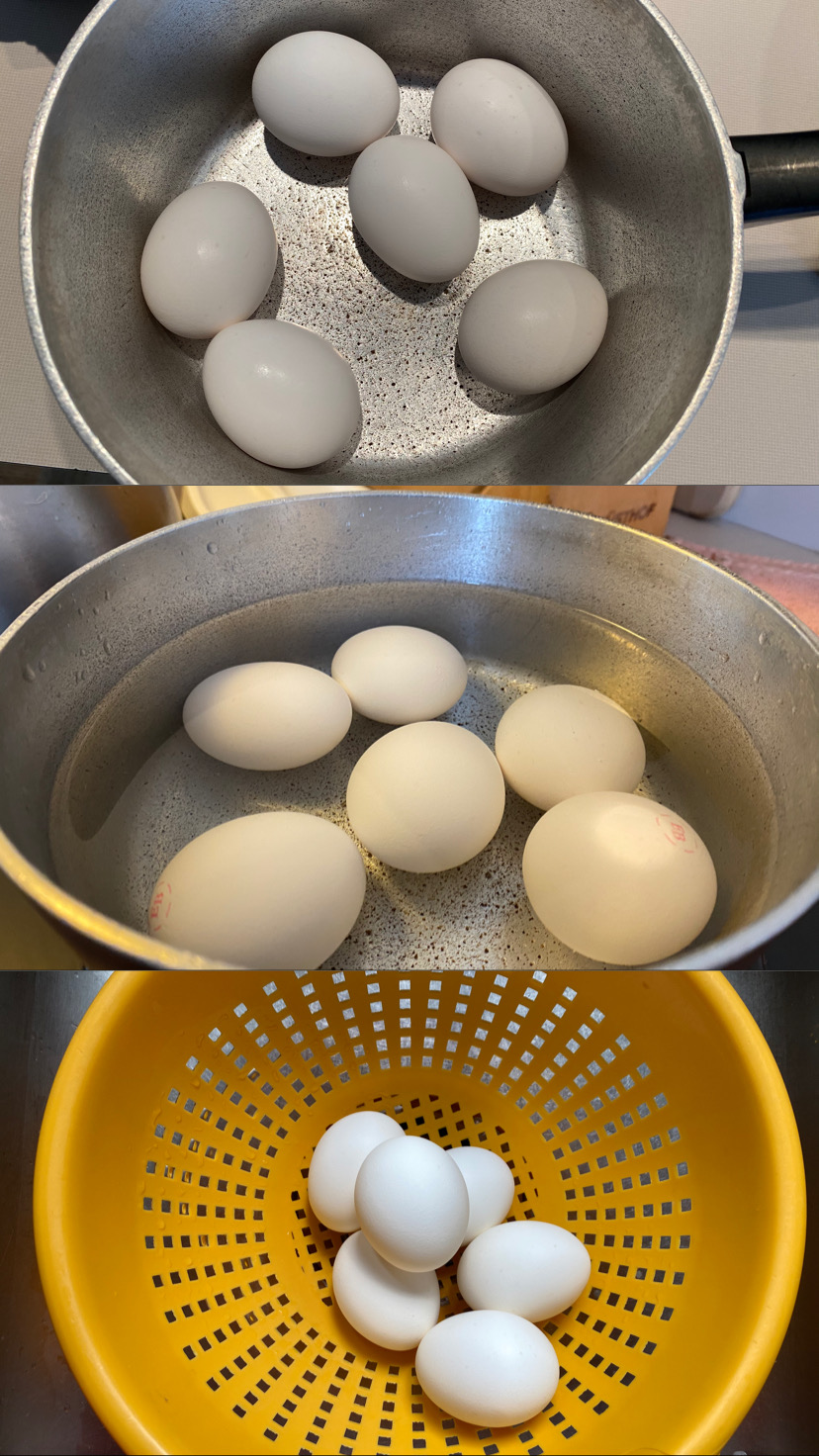 eggs in pot water and strainer