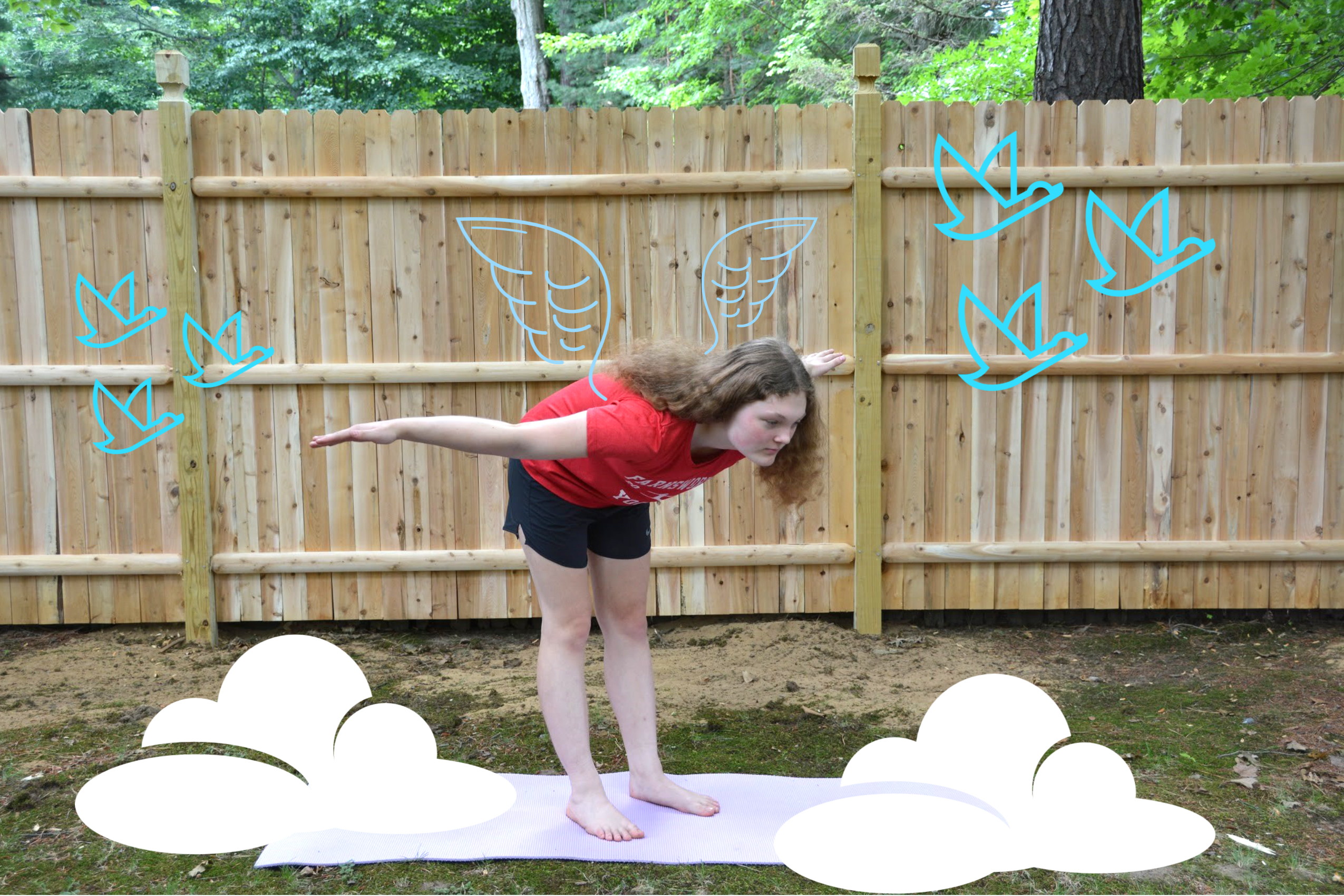 Girl in bird pose with bird graphics and clouds in the background