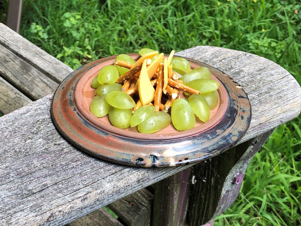 A plate of grapes arranged in a circle. In the center pretzel sticks are pretend logs and american cheese is arranged to look like flames.