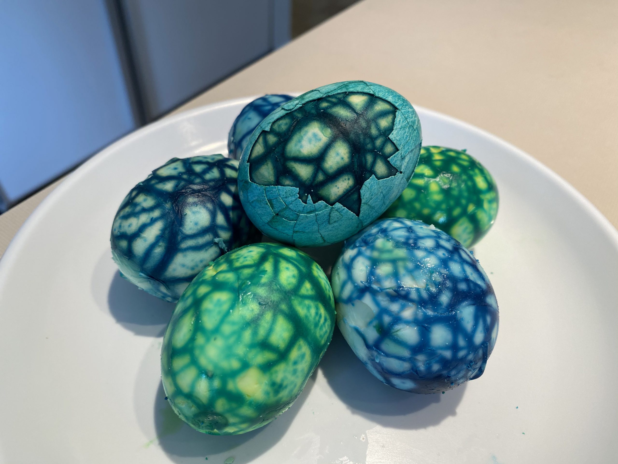 plate of dyed hard boiled eggs
