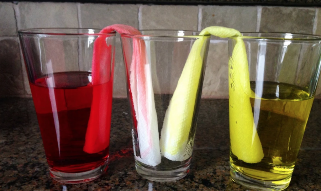 3 glasses with colored water