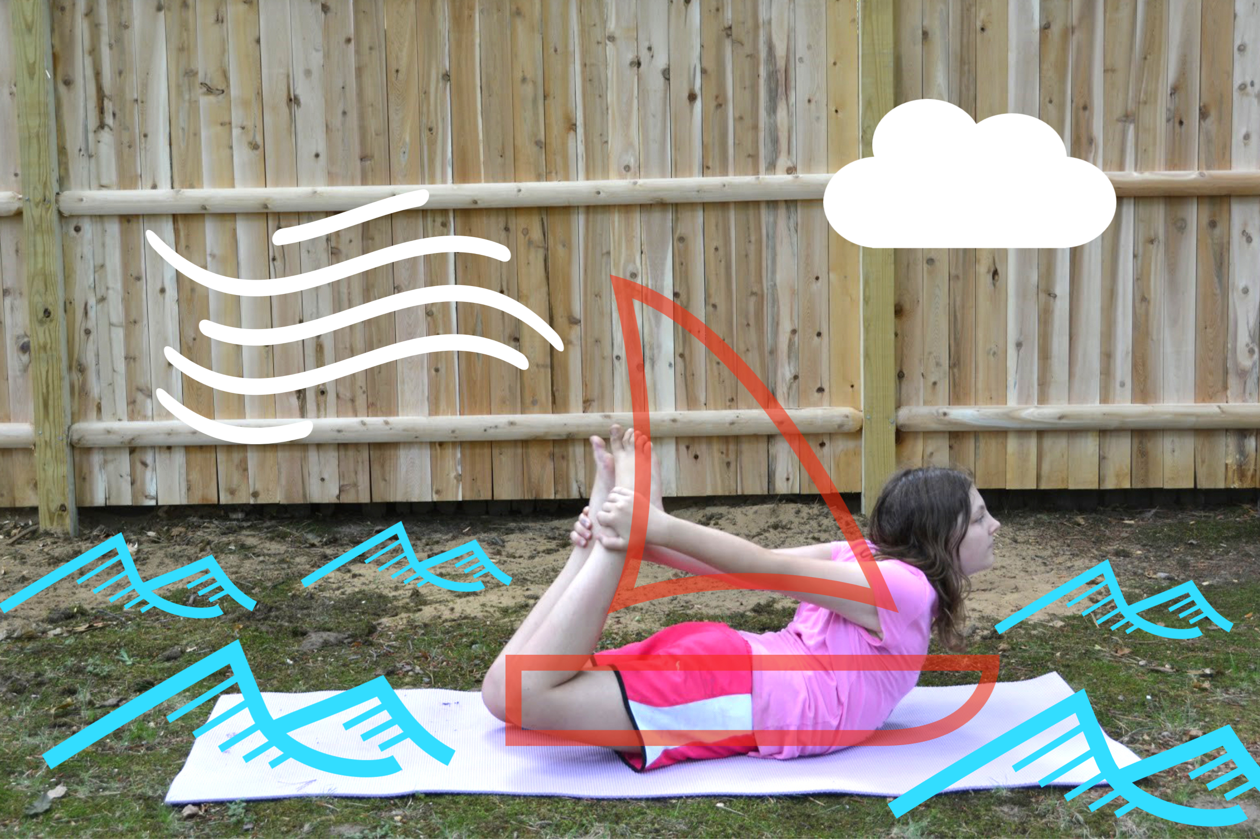 Girl in boat pose with graphics of waves, wind, cloud and boat